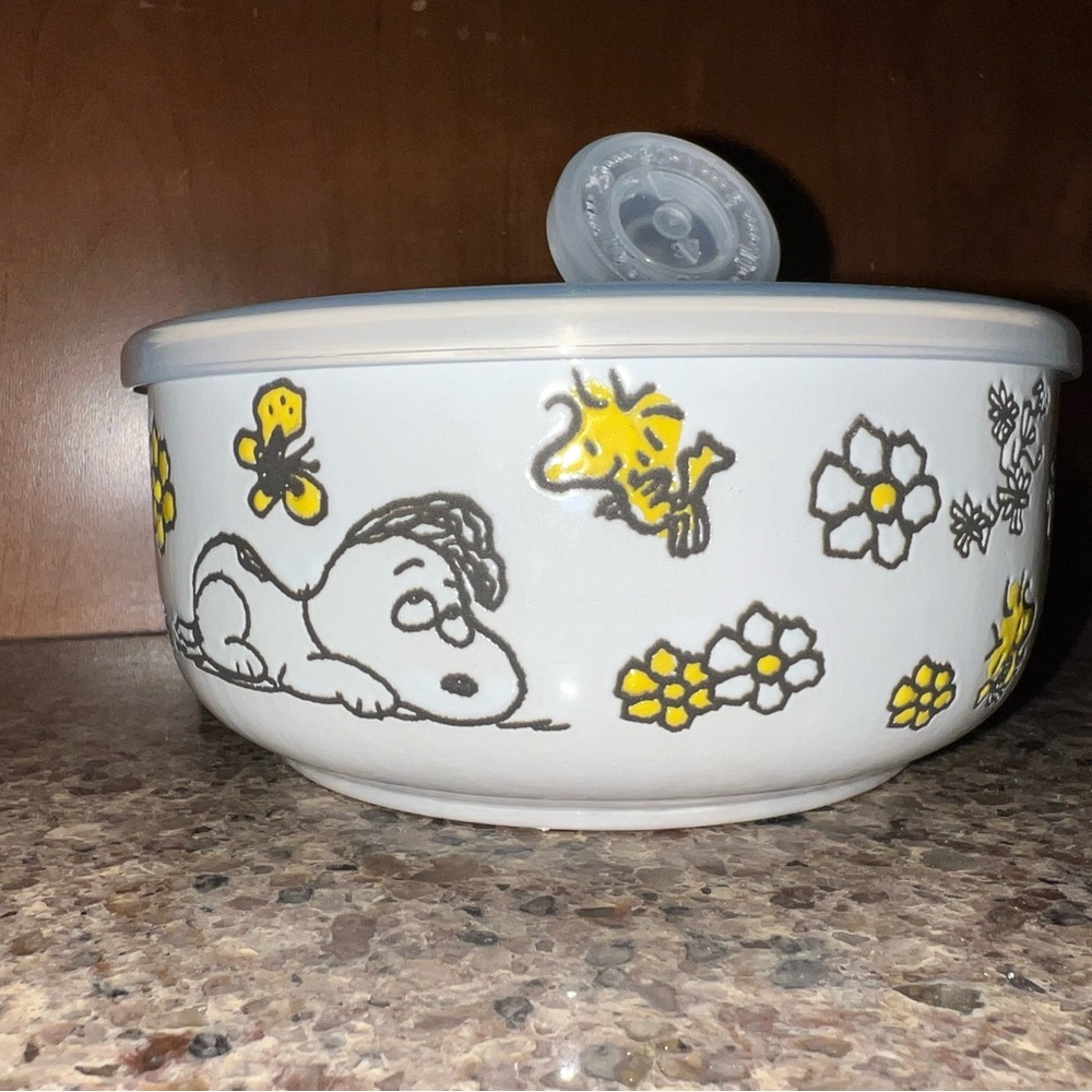 Snoopy and Woodstock Hand Painted Floral Bowl with vented lid.